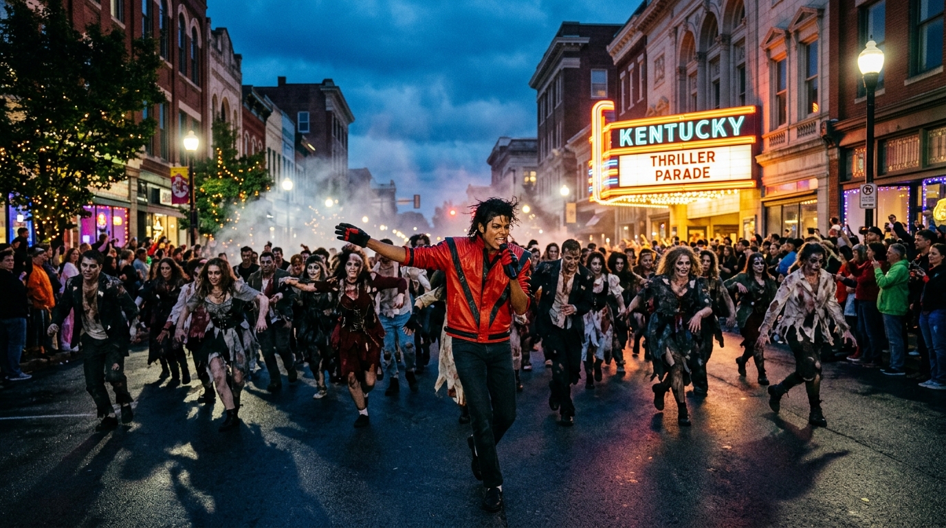 Michael Jackson Thriller lookalike performer outside historic Kentucky Theater on Main St in downtown Lexington KY