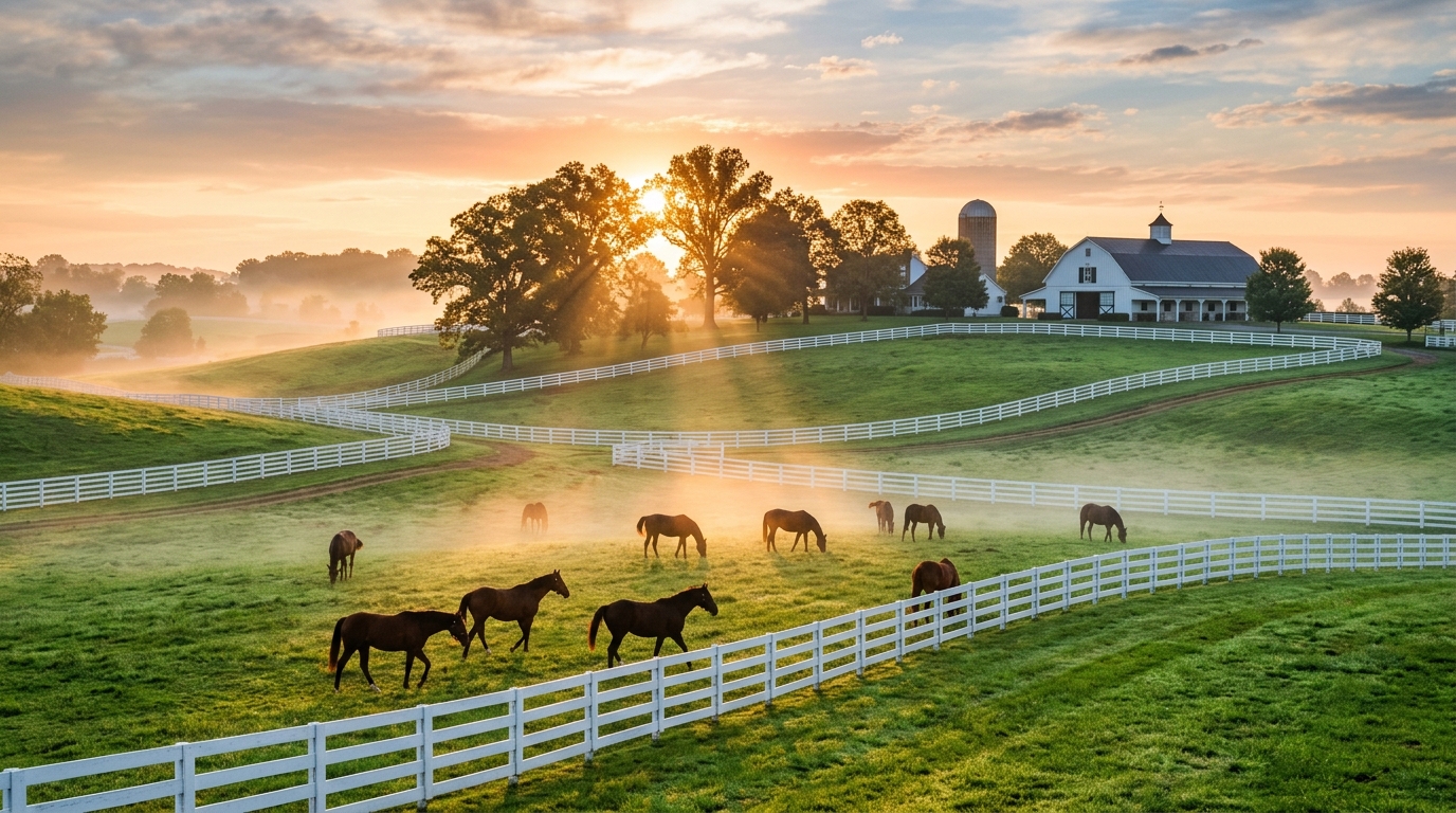 Lush Kentucky Horse Farm Pastures and Thoroughbreds in Lexington Bluegrass