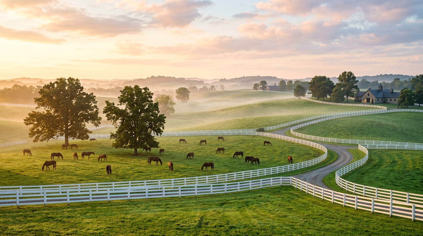 Lush Kentucky Horse Farm Pastures and Thoroughbreds in Lexington Bluegrass