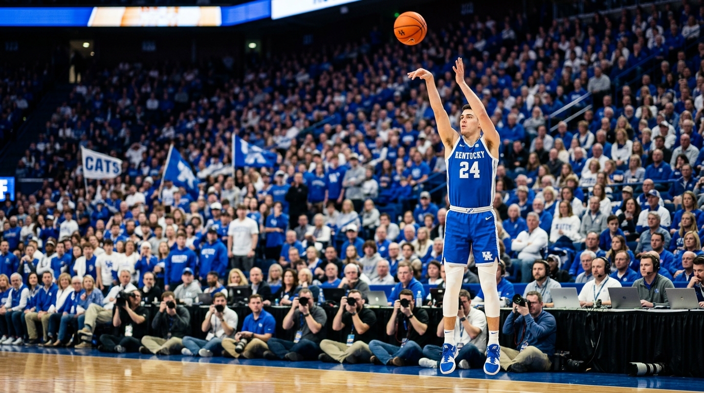 Milan Momcilovic shooting a three-pointer against Little Rock at Rupp Arena