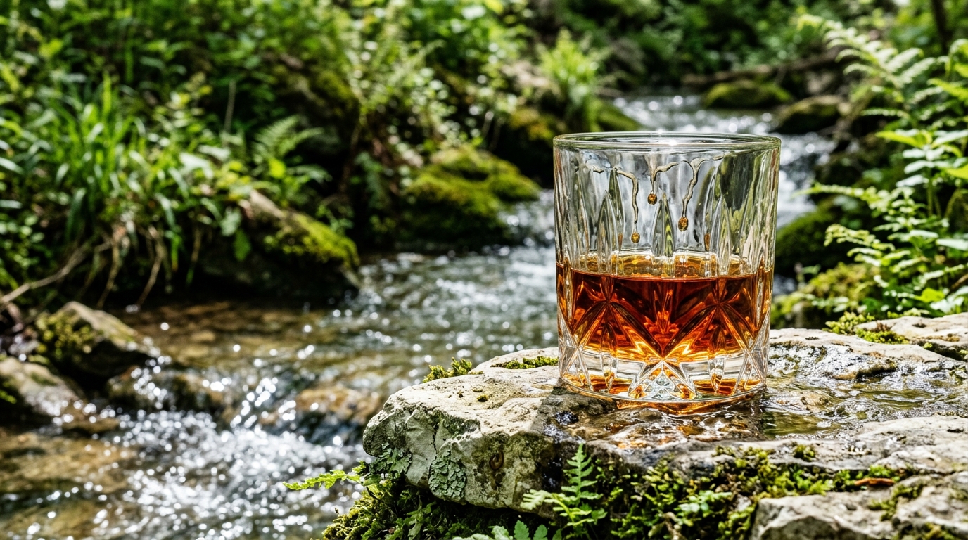 Neat Kentucky Straight Bourbon Whiskey poured over a crystal tumbler resting on Bluegrass karst limestone rock beside a natural spring creek