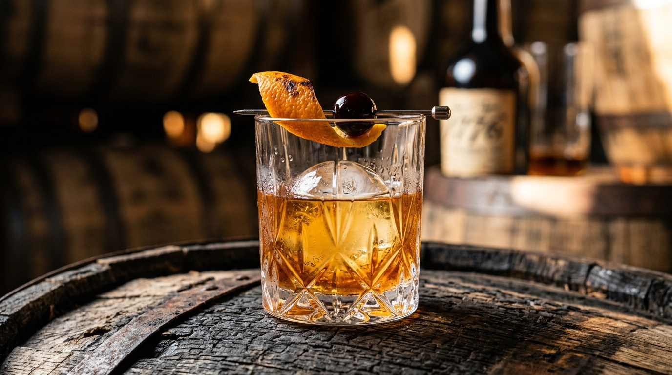 Classic Old Fashioned cocktail served in a crystal tumbler with a clear ice sphere and expressed orange peel beside a bottle of James E. Pepper 1776 Bourbon