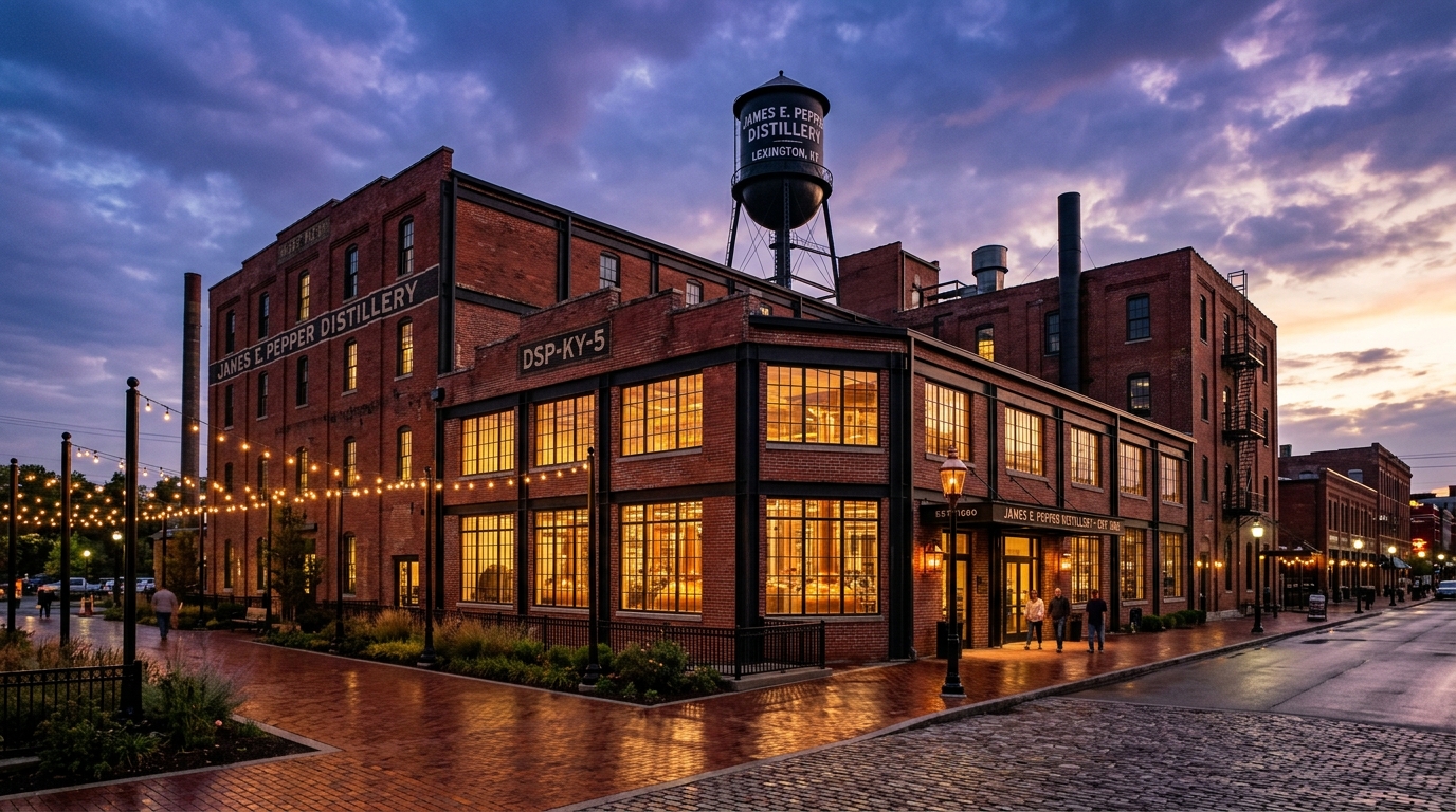 Vibrant pedestrian walkway in the Lexington Distillery District on Manchester Street with historic red brick buildings and outdoor seating